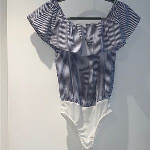 Off the Shoulder Blue & White Striped Bodysuit